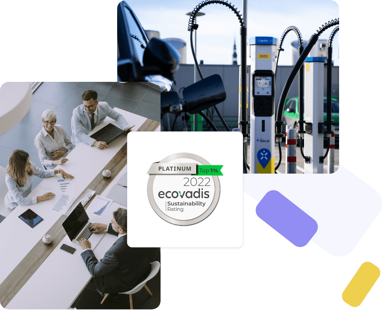 Kollaaž näitab ärimeeskonda laua taga, laadimisjaama laadimas autot ja EcoVadis 2022. aasta säästvuse reitingu märgist.