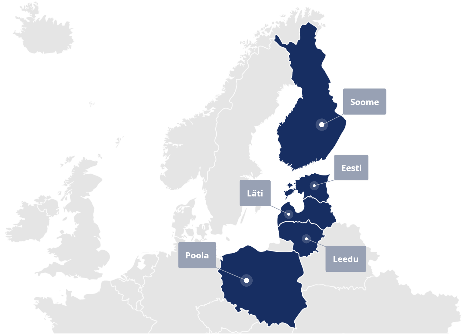 Euroopa kaart, millel on esile tõstetud ja sildistatud Soome, Eesti, Läti, Leedu ja Poola