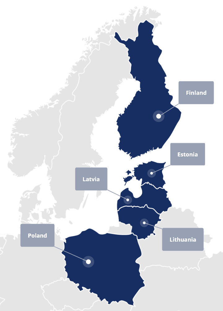 Euroopa kaart, millel on esile tõstetud ja sildistatud Soome, Eesti, Läti, Leedu ja Poola